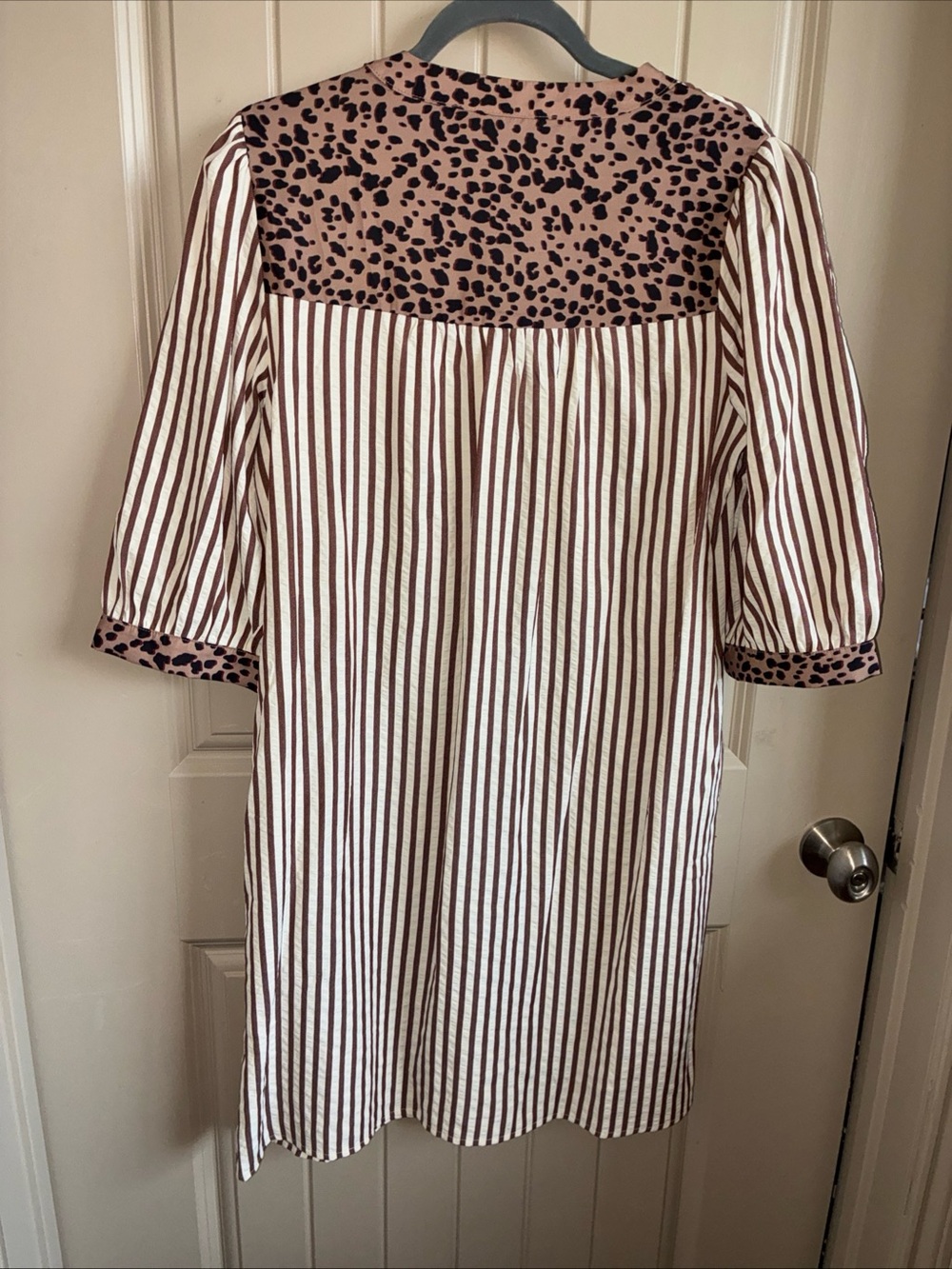 Striped Brown and White Button-Front Women’s Dress with Leopard Trim - Picture 4 of 8